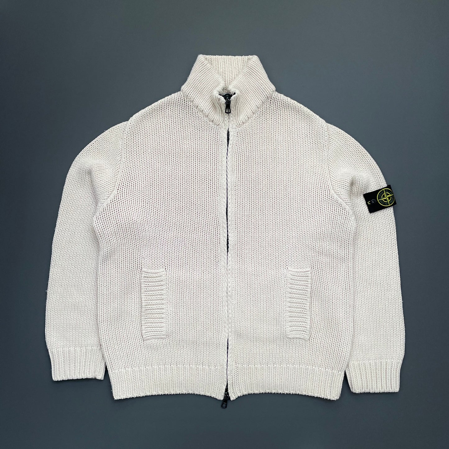 Stone Island Cream 00s Heavyweight Knit Zip-Through Cardigan Jacket