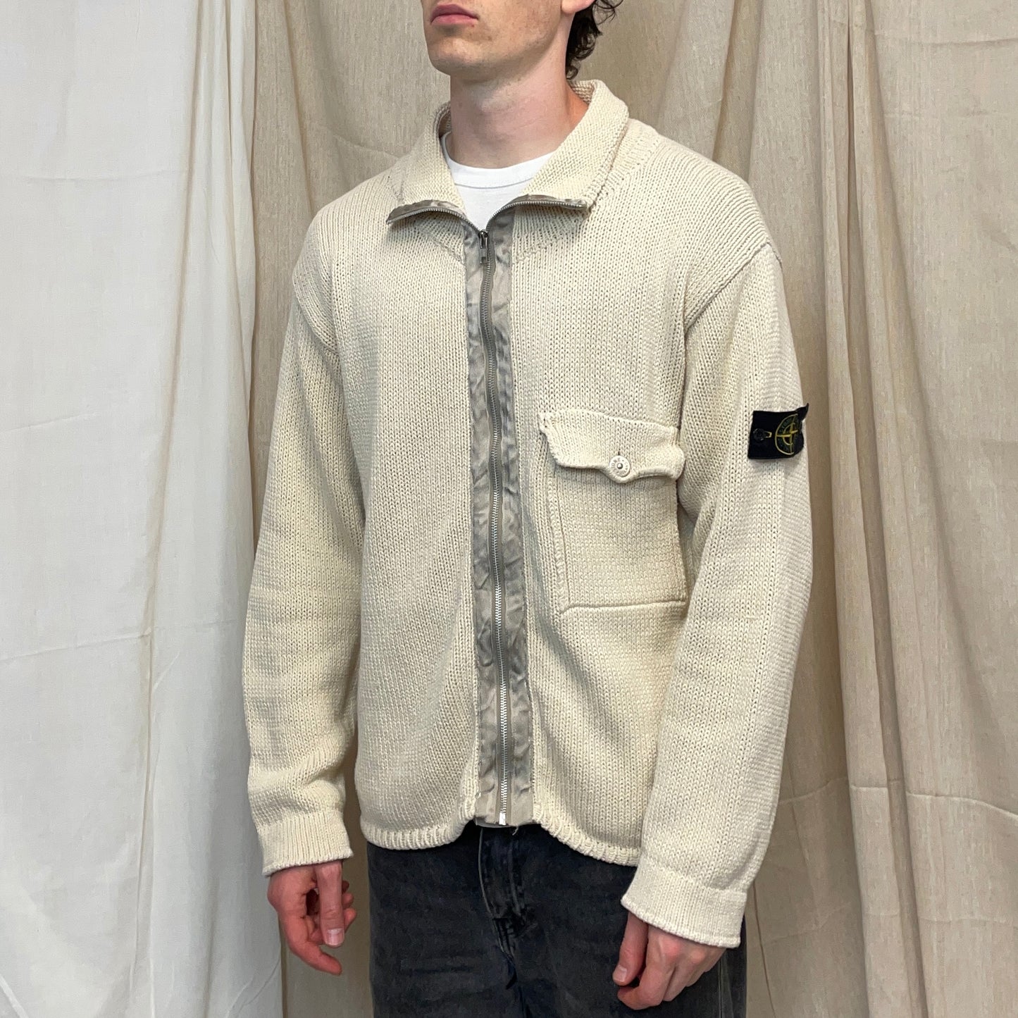 Stone Island Cream & Silver SS00 Knit Zip-Through Cardigan Jacket