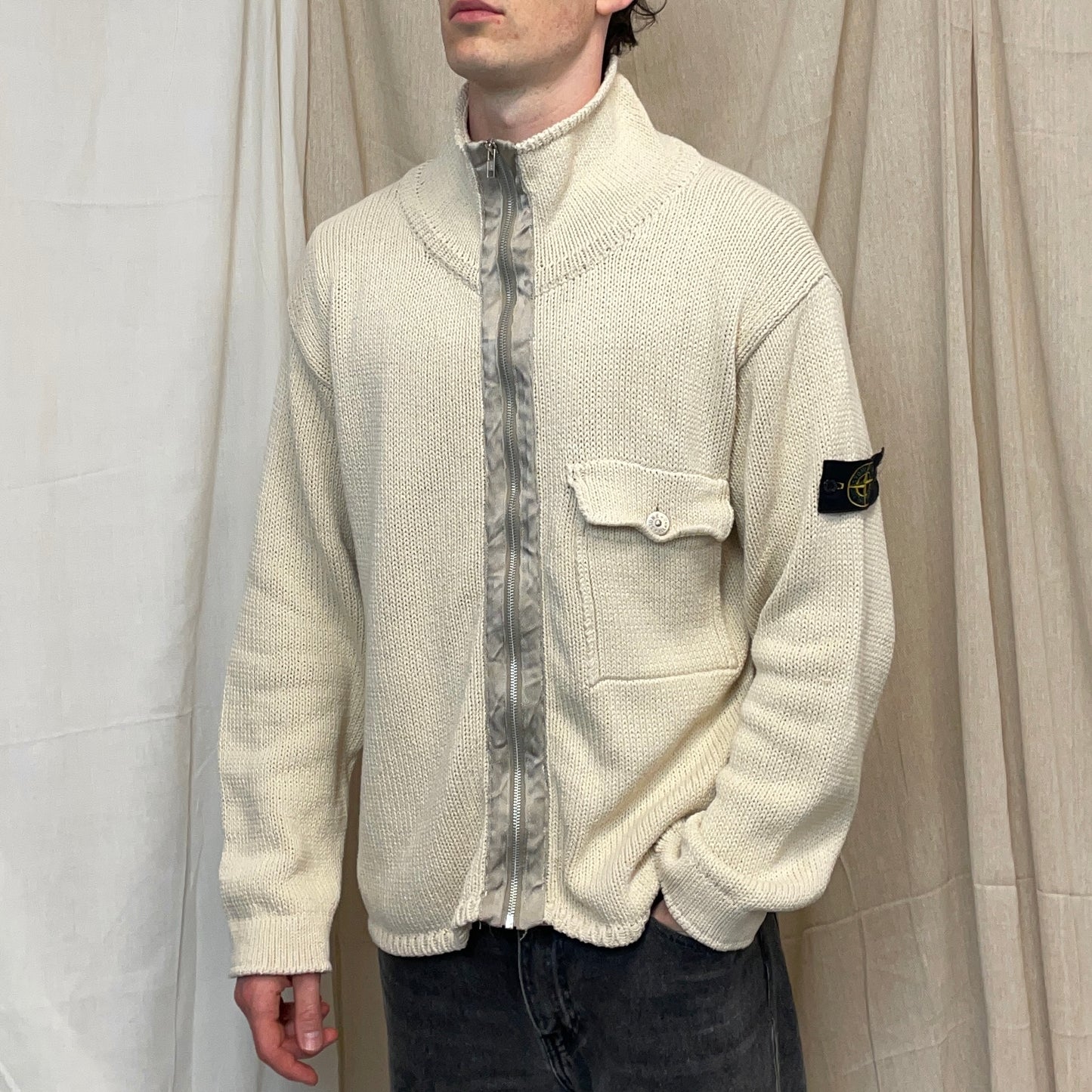 Stone Island Cream & Silver SS00 Knit Zip-Through Cardigan Jacket
