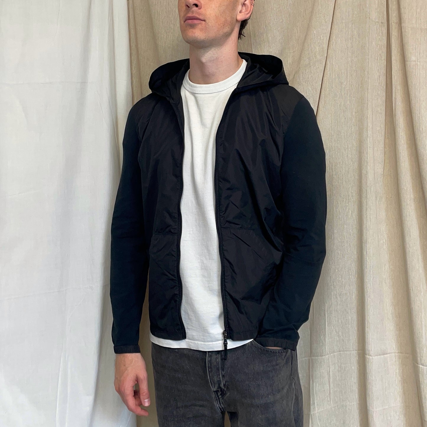 Prada Sport Black Nylon Panel Lightweight Technical Hooded Jacket