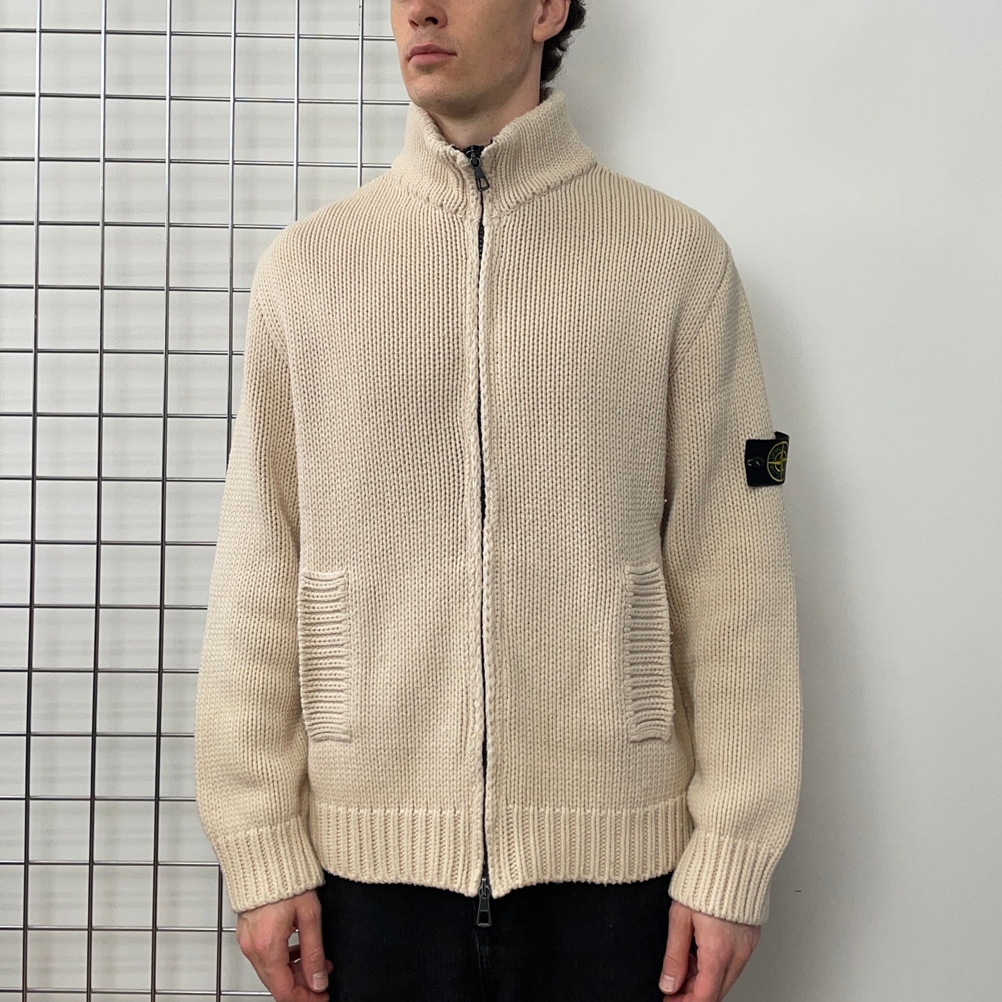 Stone Island Cream 00s Heavyweight Knit Zip-Through Cardigan Jacket