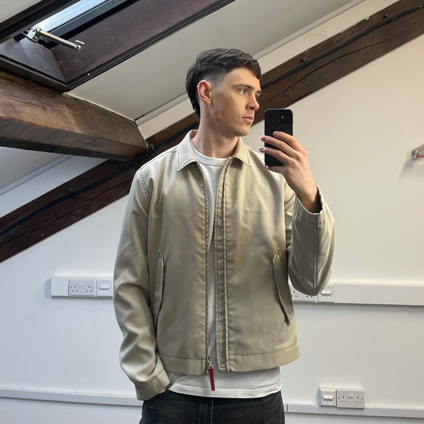 Prada Sport Beige Contrast Stitch Lightweight Harrington Jacket