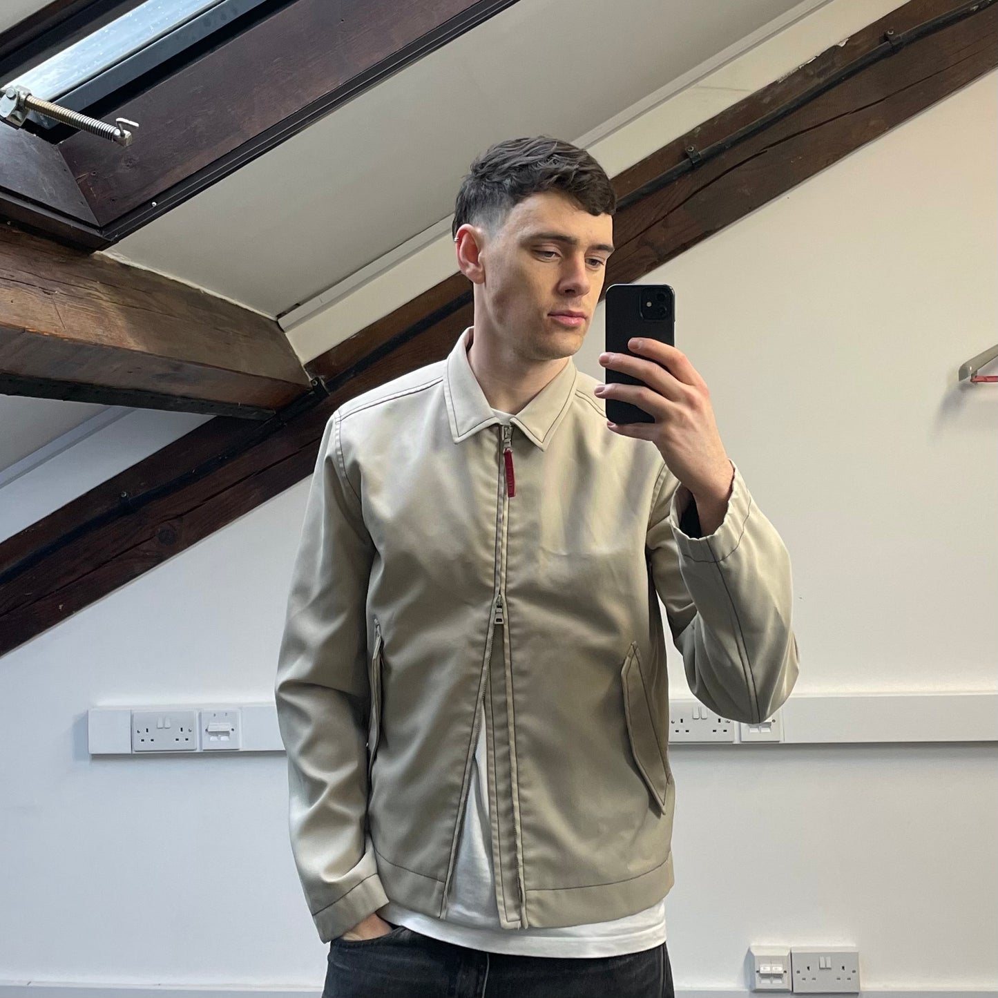 Prada Sport Beige Contrast Stitch Lightweight Harrington Jacket