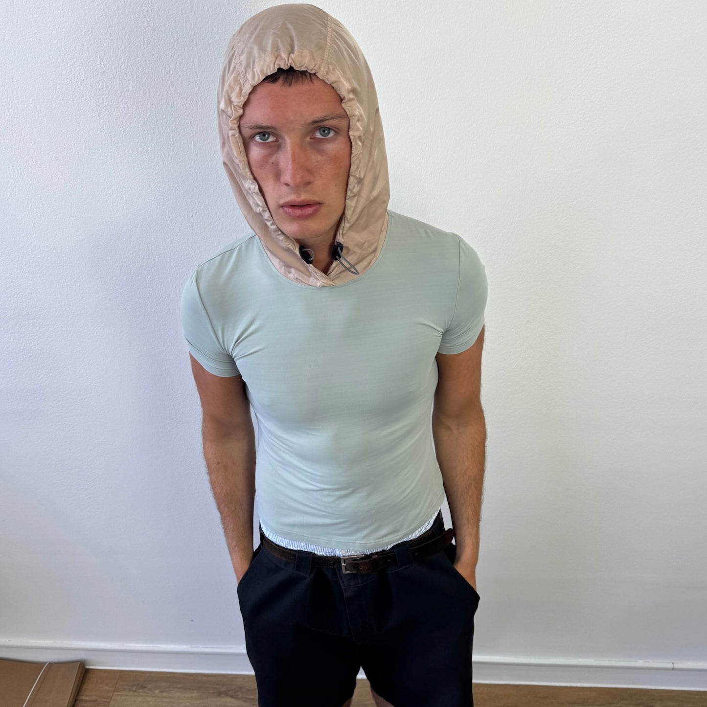 Prada Sport Runway SS99 Turquoise & Pink Nylon Hood T-Shirt