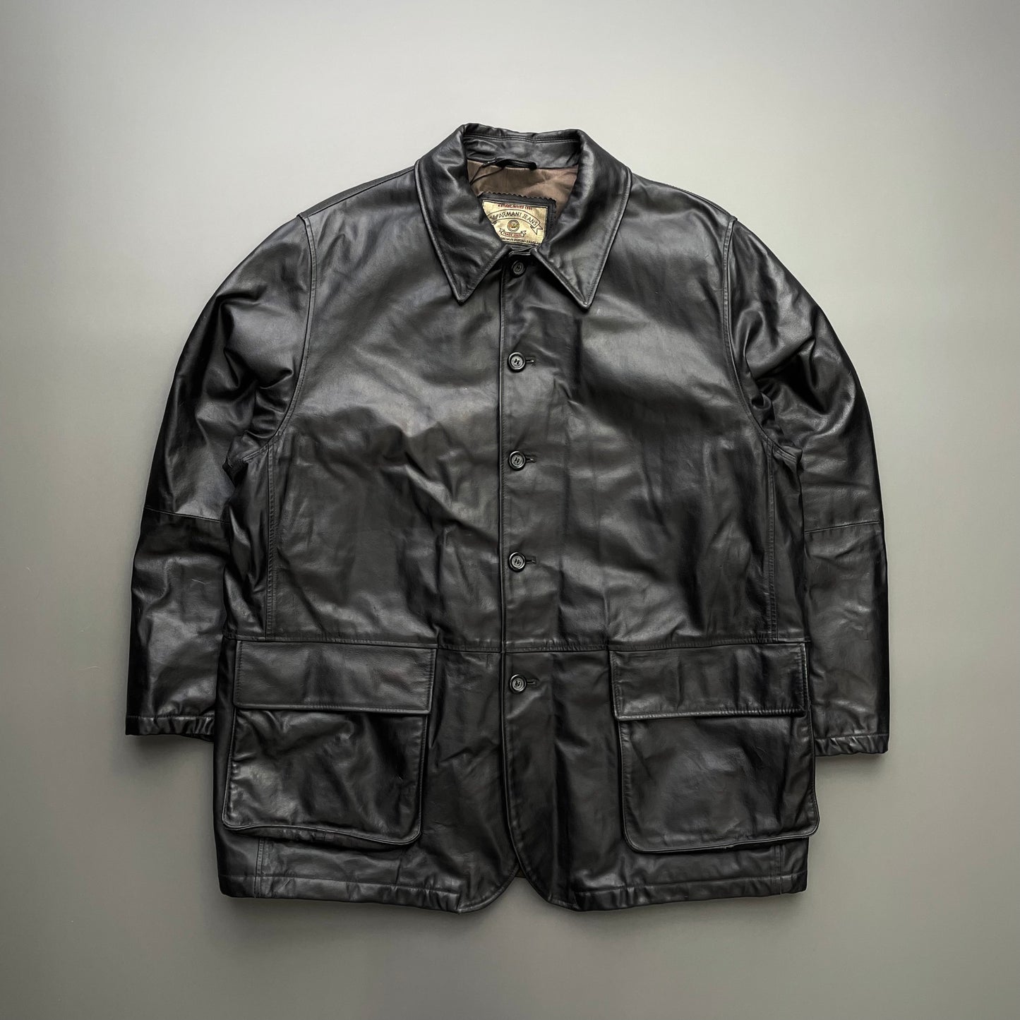 Armani Jeans Black 90s Leather Overcoat
