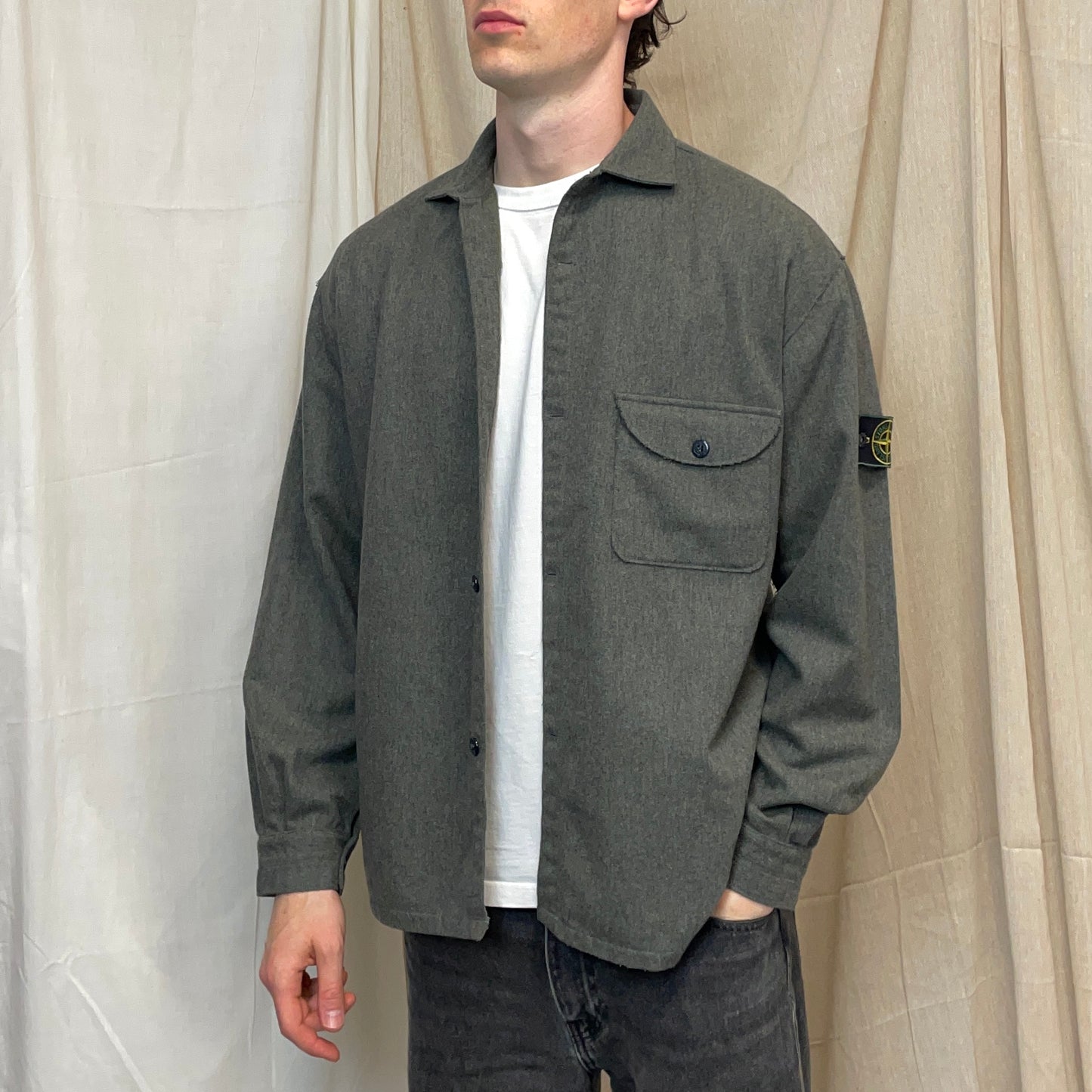 Stone Island Grey AW94 Wool Raw-Edge Finished Pocket Shirt
