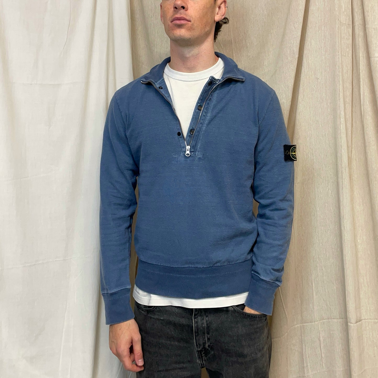 Stone Island Blue SS10 Half-Zip & Button Cotton Knit Jumper