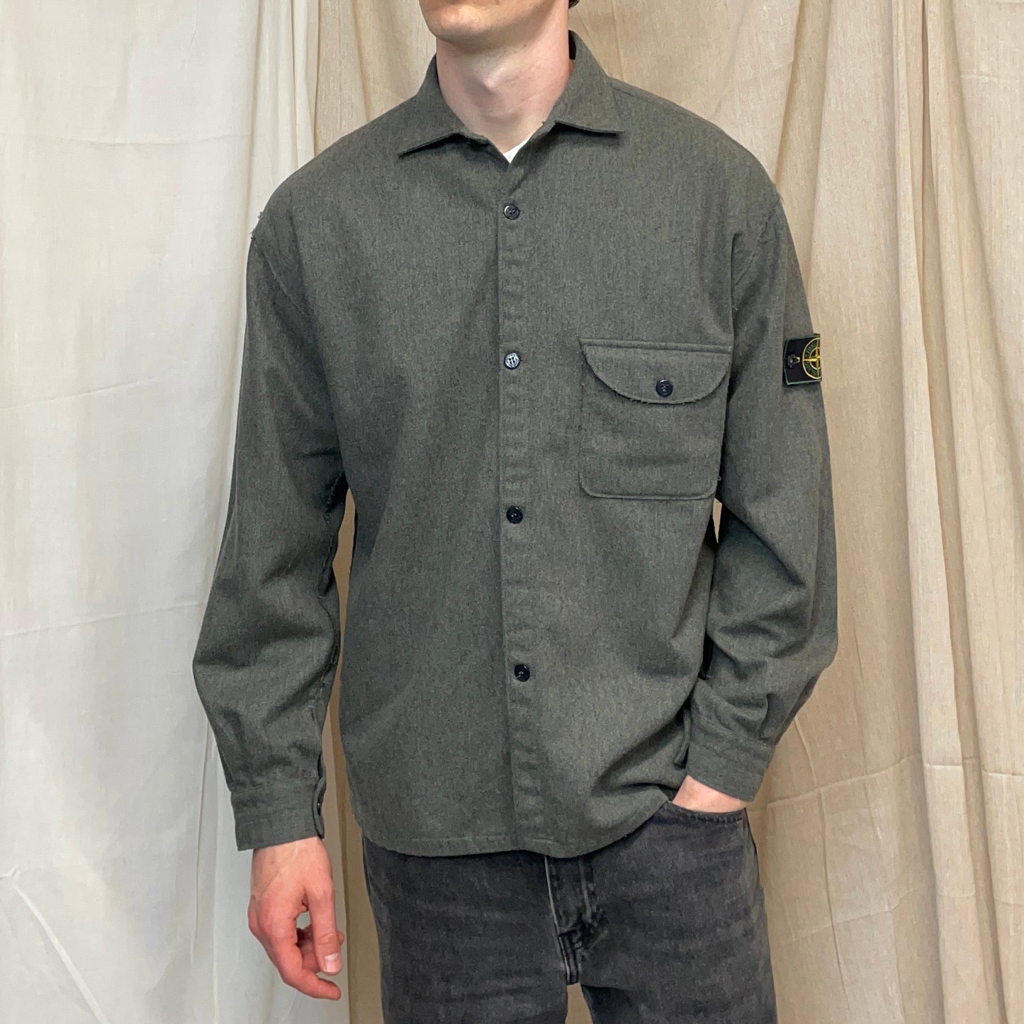 Stone Island Grey AW94 Wool Raw-Edge Finished Pocket Shirt