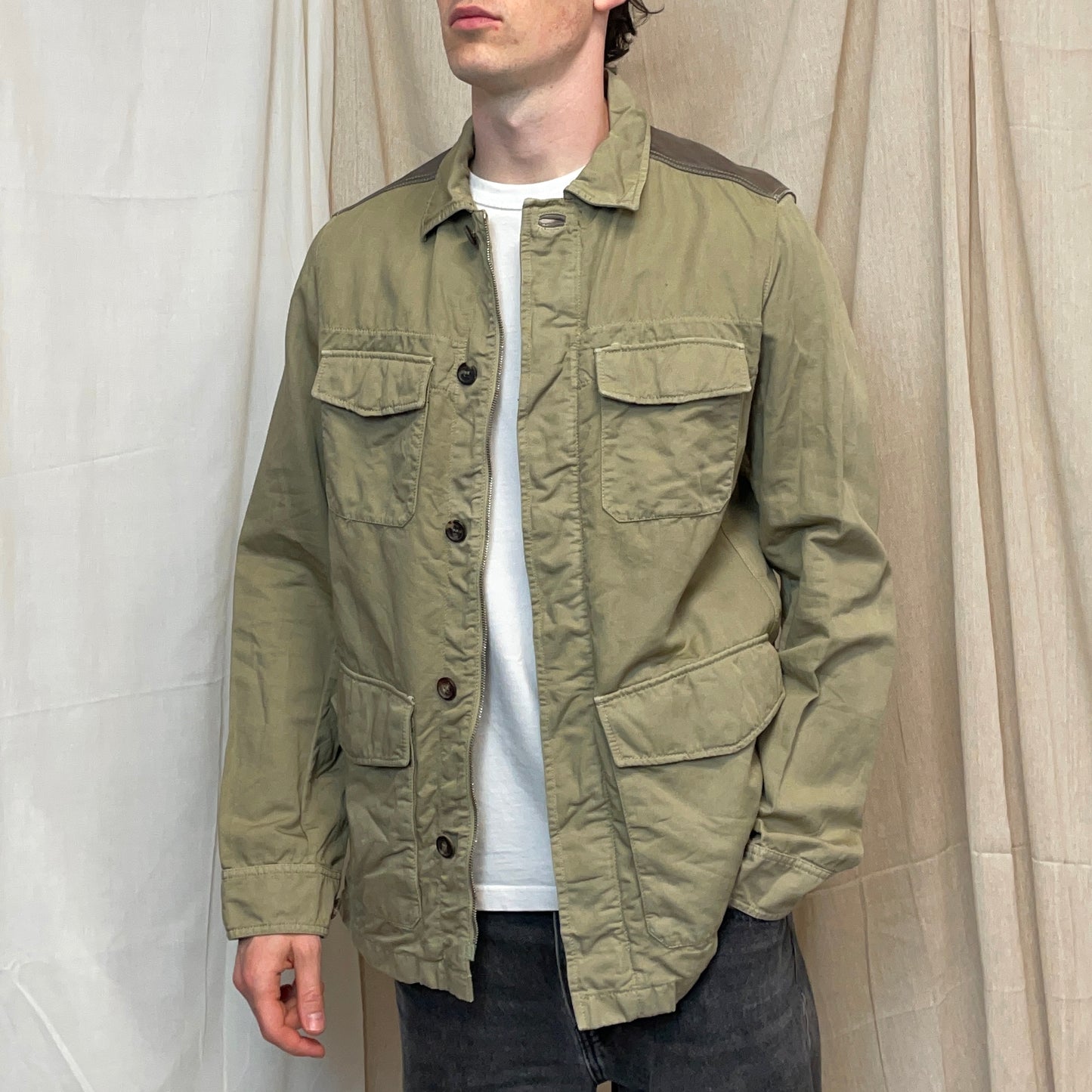 Prada Sport Khaki 00s Mixed Linen & Leather Multi-Pocket Field Jacket