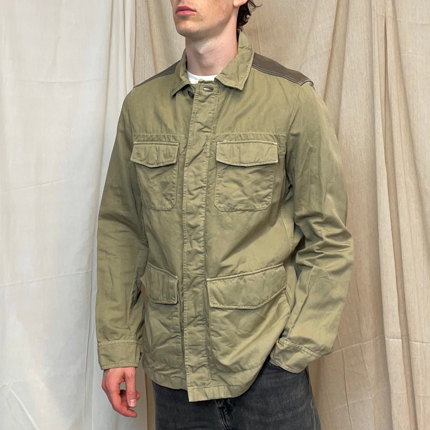 Prada Sport Khaki 00s Mixed Linen & Leather Multi-Pocket Field Jacket