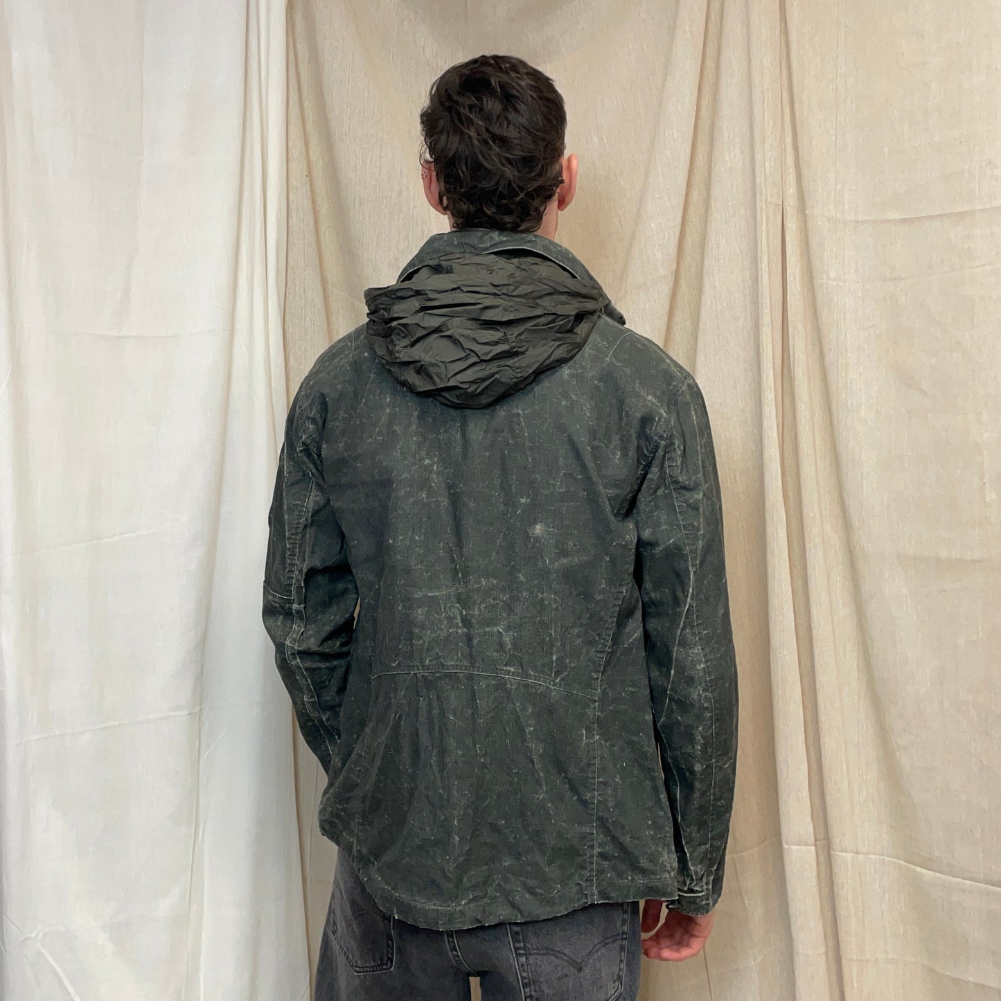 C.P. Company Green Plated Linen Military Issue Tender Concealed Hood Field Jacket