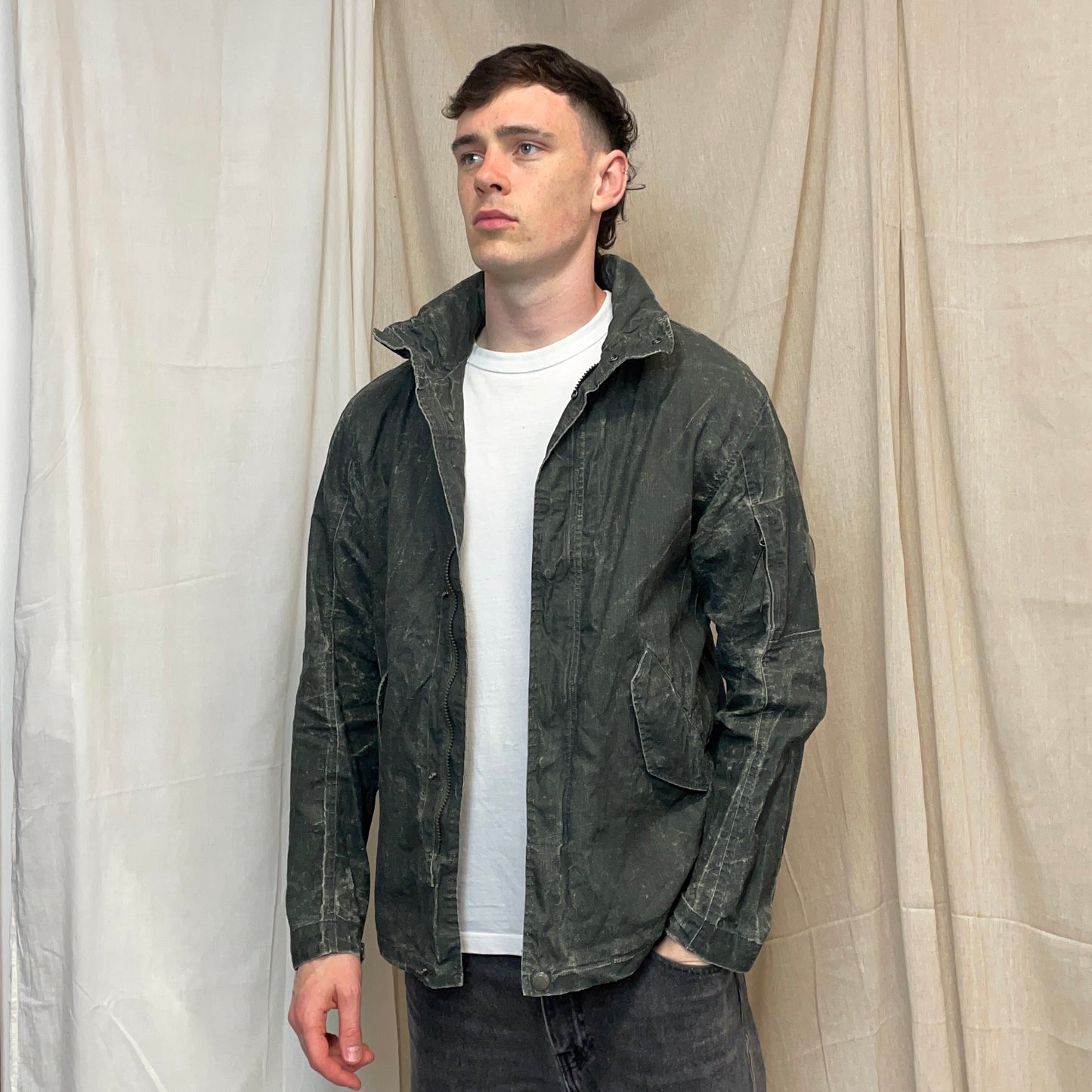 C.P. Company Green Plated Linen Military Issue Tender Concealed Hood Field Jacket