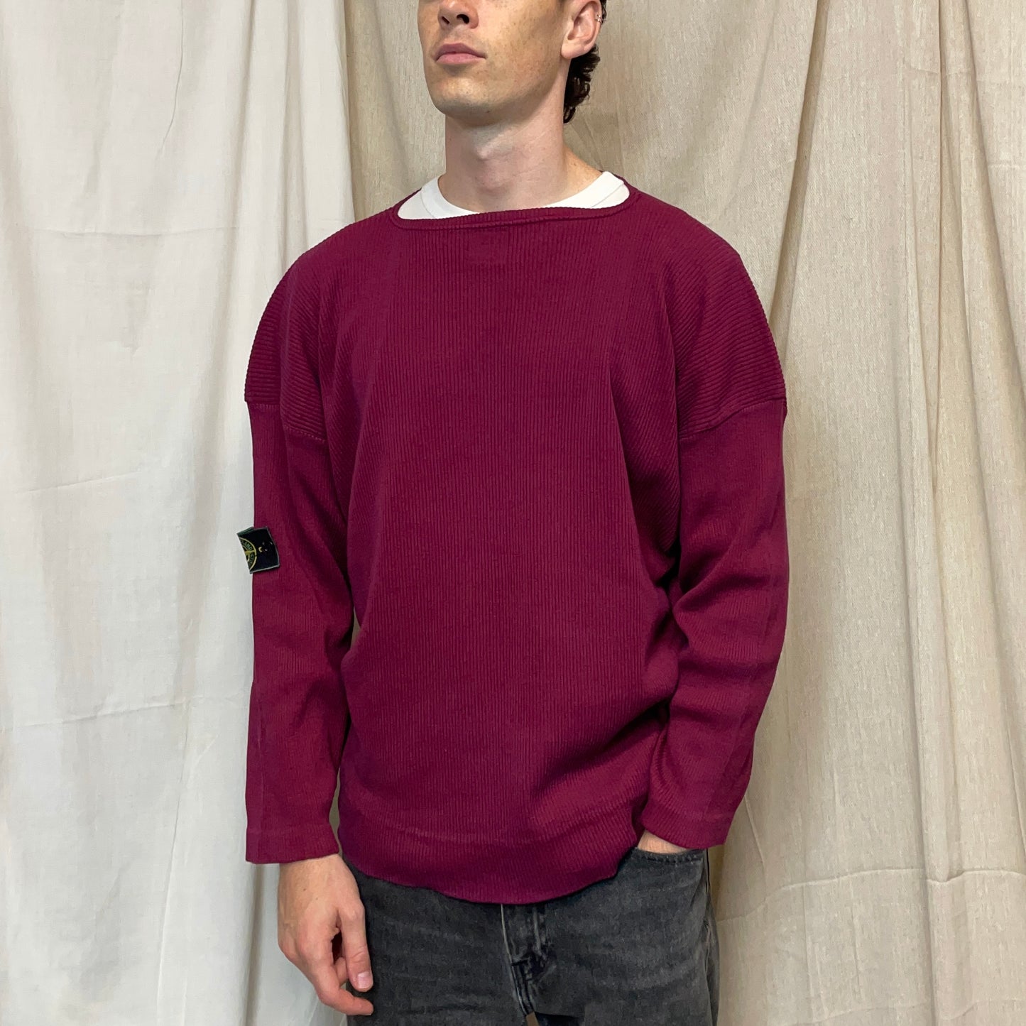 Stone Island Red 80s Ribbed Boat Neck Green Edge Badge Jumper