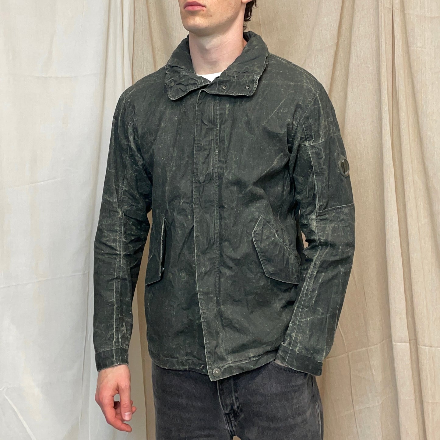 C.P. Company Green Plated Linen Military Issue Tender Concealed Hood Field Jacket