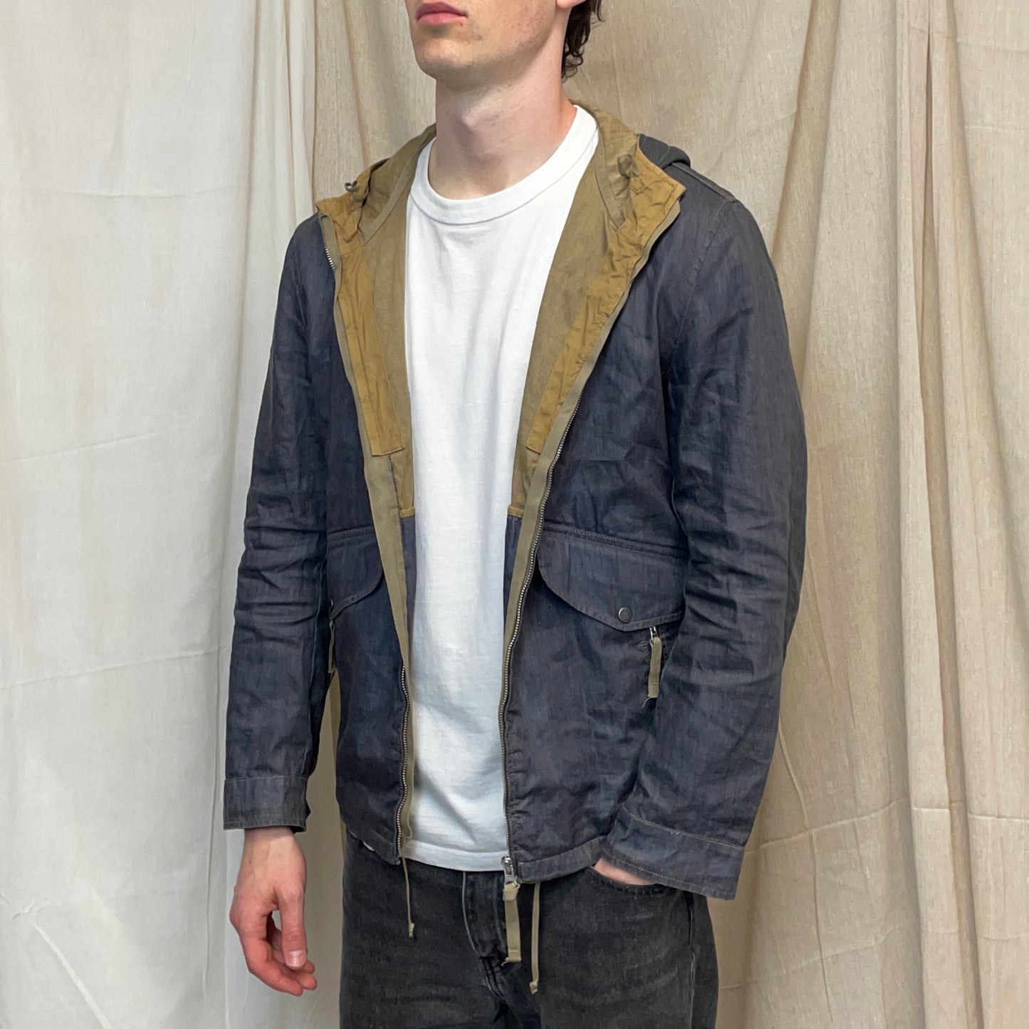 C.P. Company Blue Grey Lino Flax Zip-Through Hooded Jacket