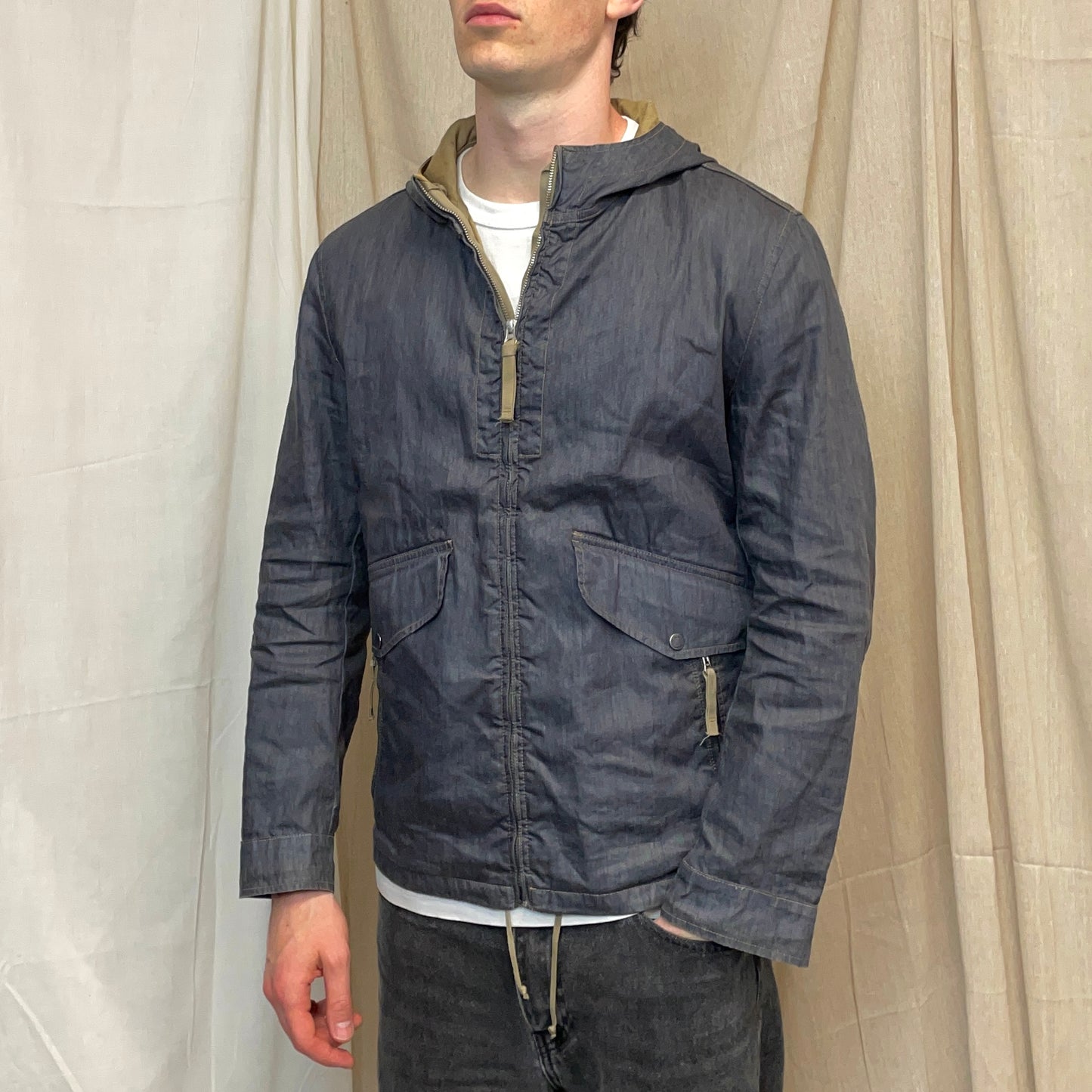 C.P. Company Blue Grey Lino Flax Zip-Through Hooded Jacket