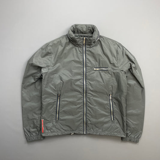 Prada Grey 2015 Contrast Stripe Zip Concealed Hood Nylon Windbreaker Jacket