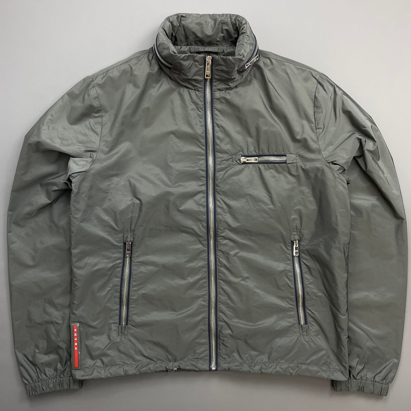 Prada Grey 2015 Contrast Stripe Zip Concealed Hood Nylon Windbreaker Jacket