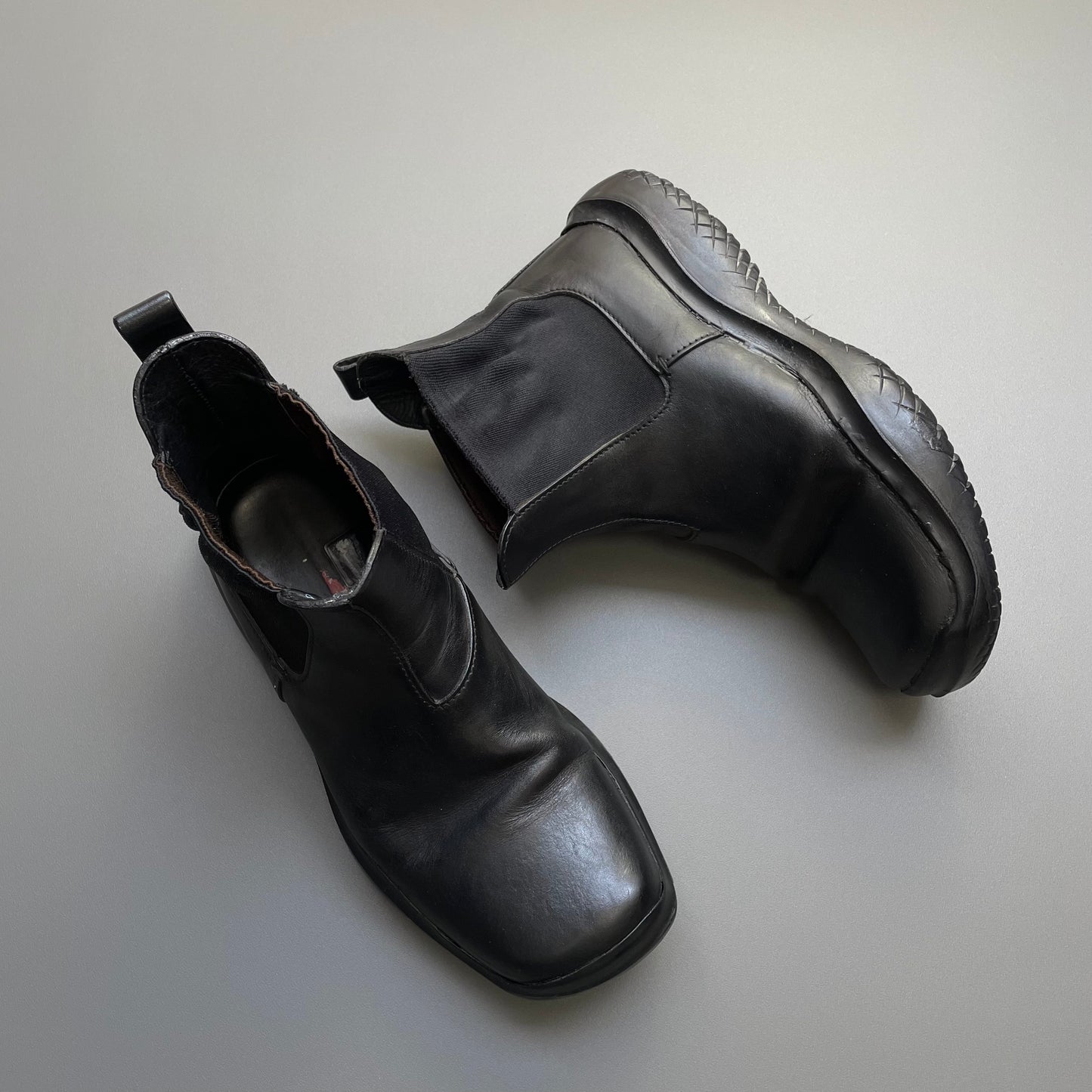 Prada Sport Black FW99 Runway Leather Square Toe Vibram Chelsea Boots