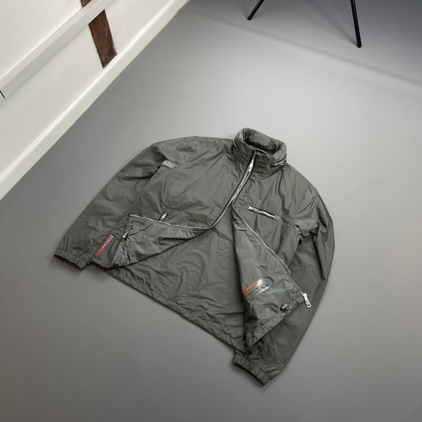 Prada Grey 2015 Contrast Stripe Zip Concealed Hood Nylon Windbreaker Jacket
