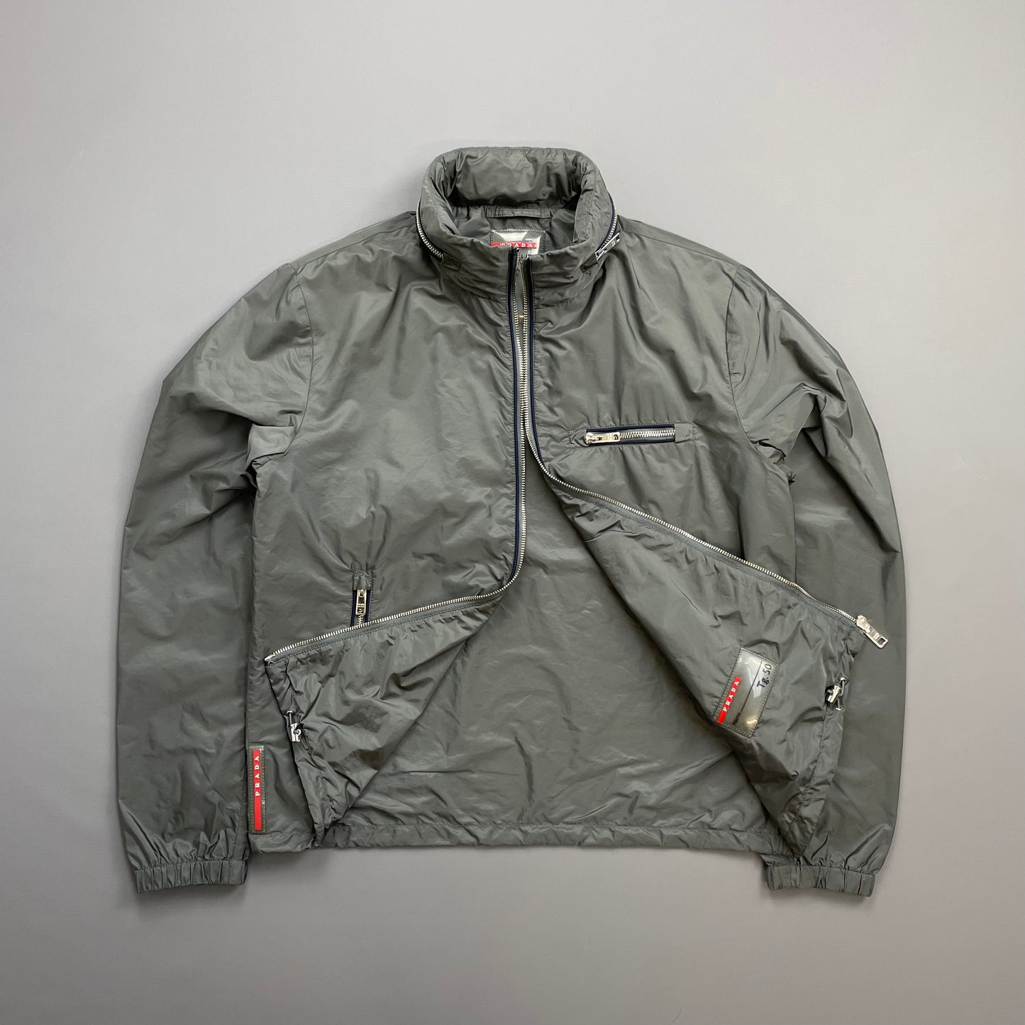Prada Grey 2015 Contrast Stripe Zip Concealed Hood Nylon Windbreaker Jacket