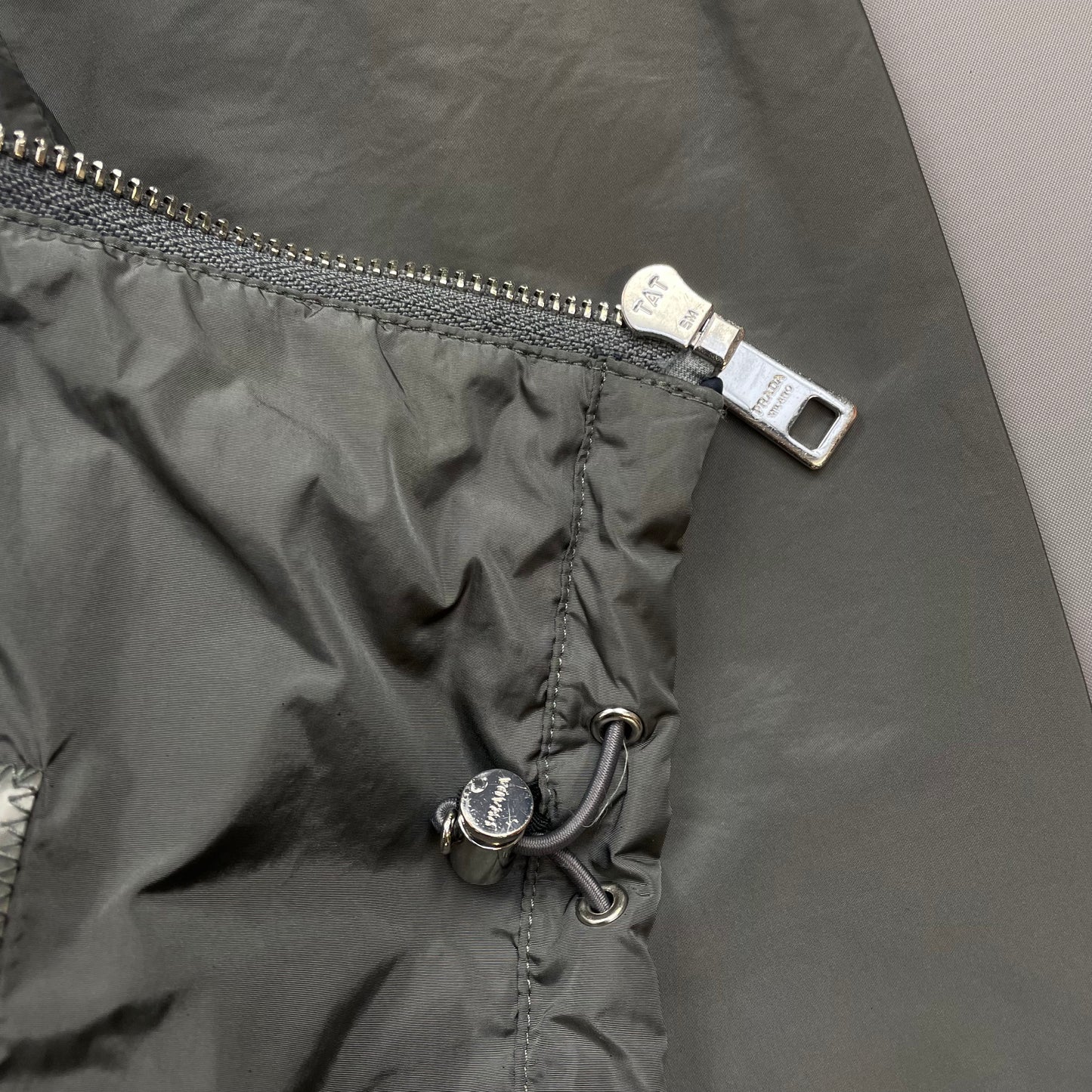Prada Grey 2015 Contrast Stripe Zip Concealed Hood Nylon Windbreaker Jacket
