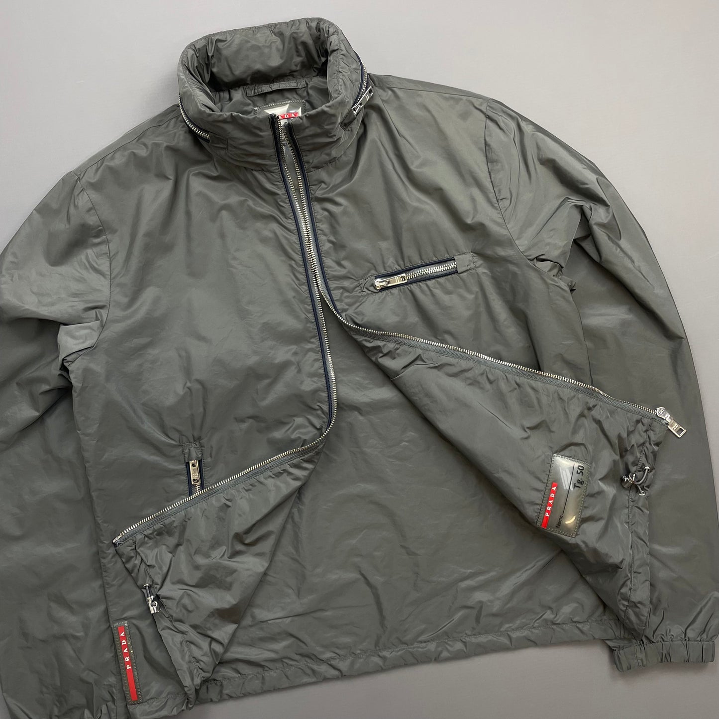 Prada Grey 2015 Contrast Stripe Zip Concealed Hood Nylon Windbreaker Jacket