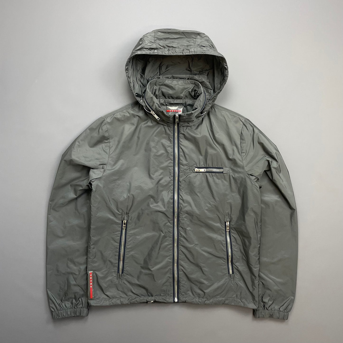 Prada Grey 2015 Contrast Stripe Zip Concealed Hood Nylon Windbreaker Jacket