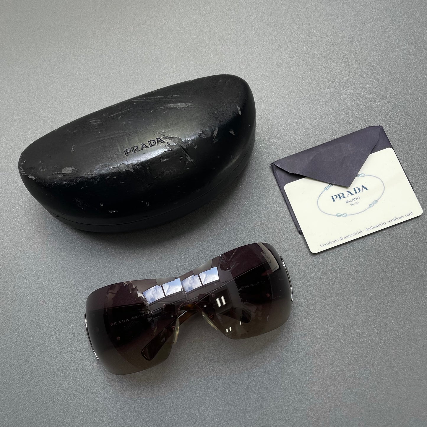 Prada Brown & Silver 00s Tortoise Shell Shield Sunglasses