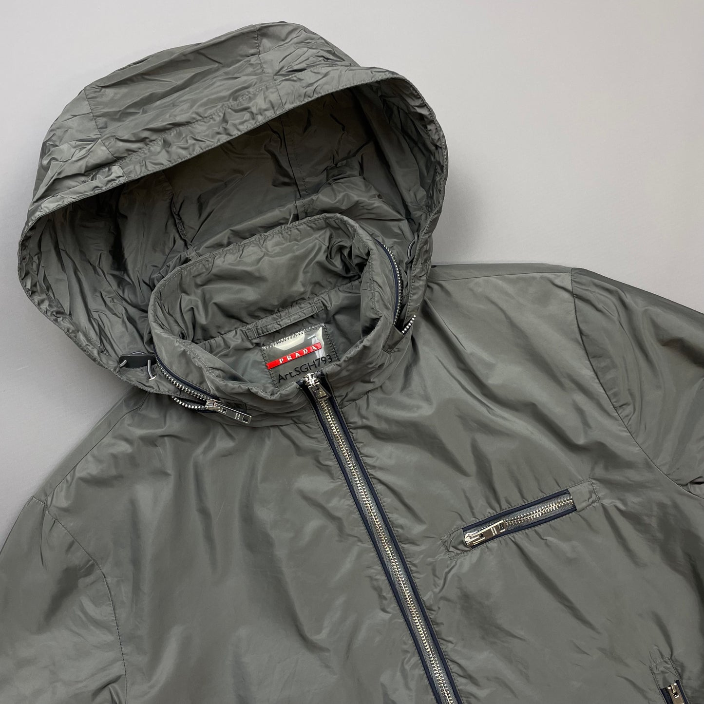 Prada Grey 2015 Contrast Stripe Zip Concealed Hood Nylon Windbreaker Jacket