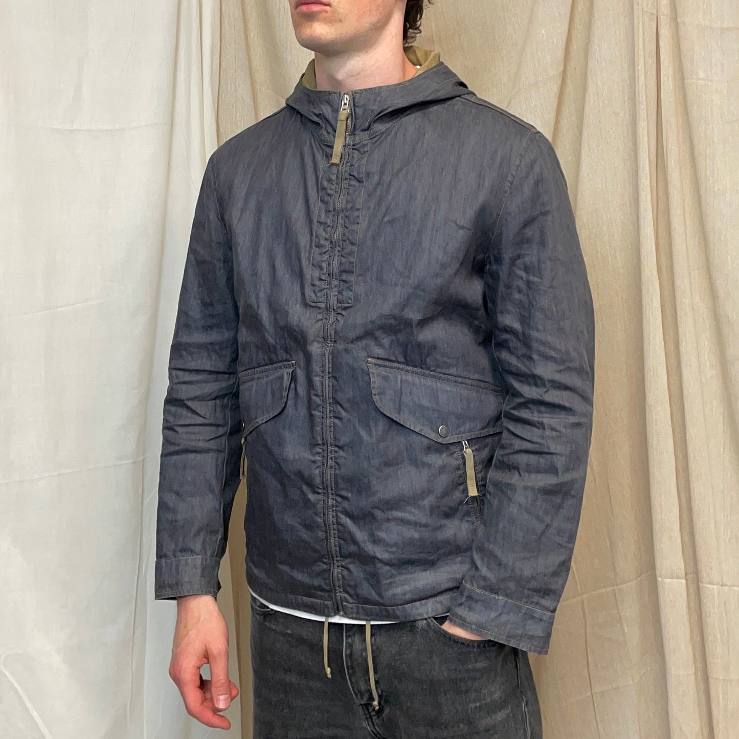 C.P. Company Blue Grey Lino Flax Zip-Through Hooded Jacket