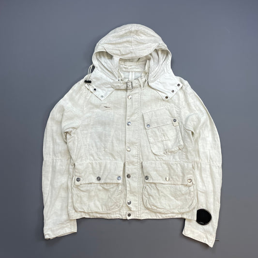 C.P. Company White SS08 Linen Lino Flax Multi-Pocket Detachable Hood Watchviewer Jacket