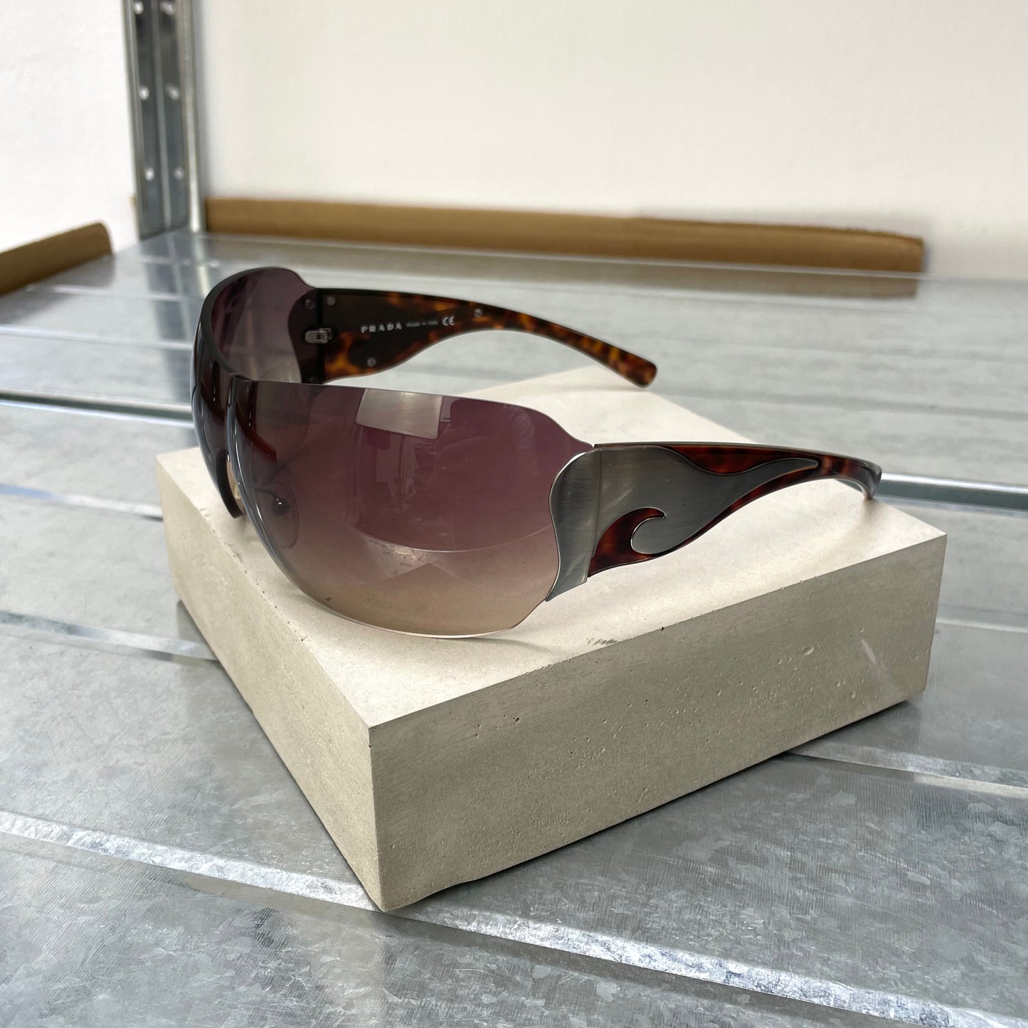 Prada Brown & Silver 00s Tortoise Shell Shield Sunglasses