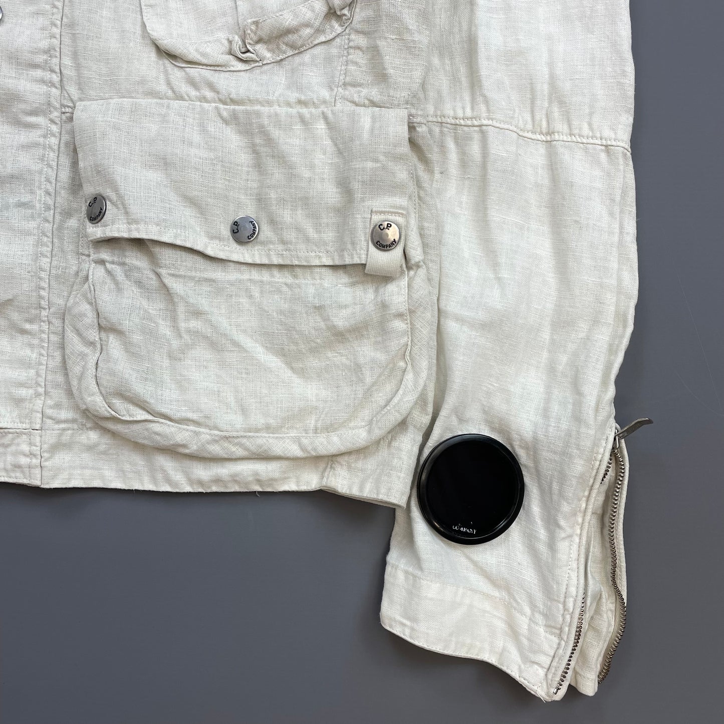 C.P. Company White SS08 Linen Lino Flax Multi-Pocket Detachable Hood Watchviewer Jacket
