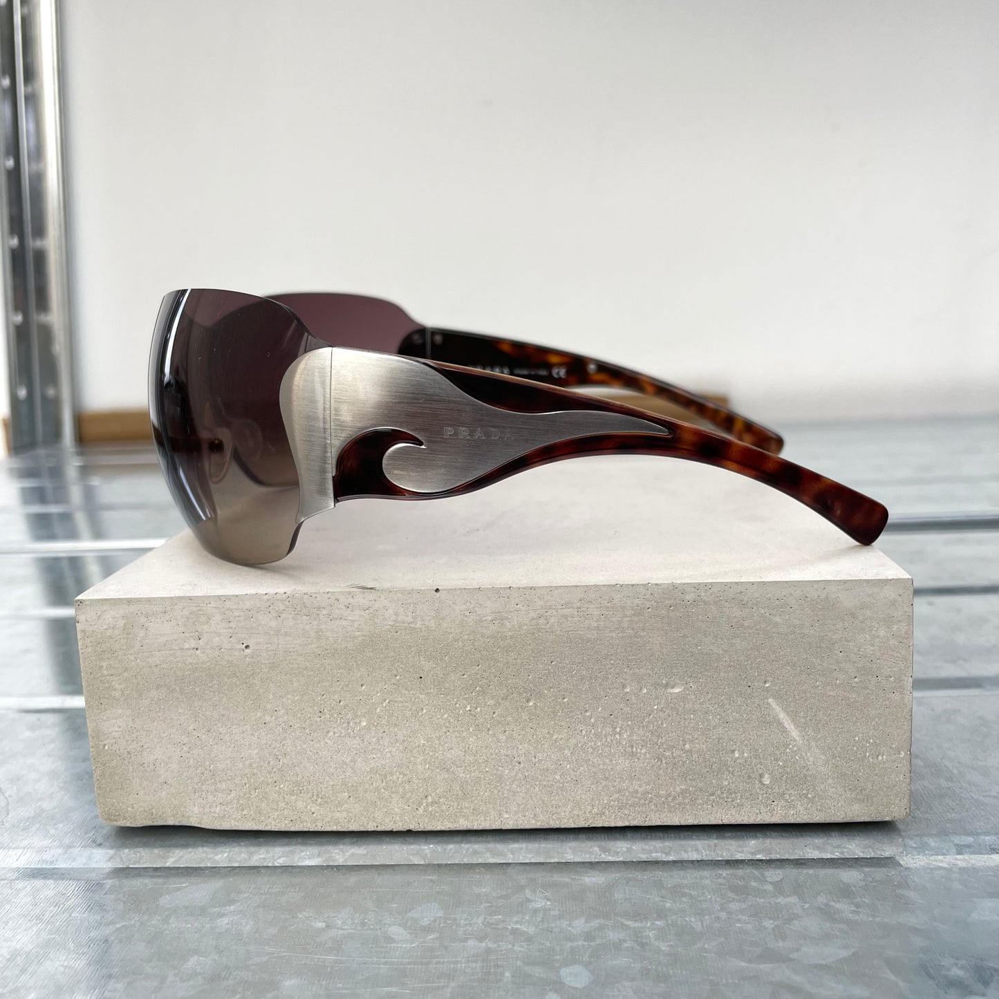 Prada Brown & Silver 00s Tortoise Shell Shield Sunglasses