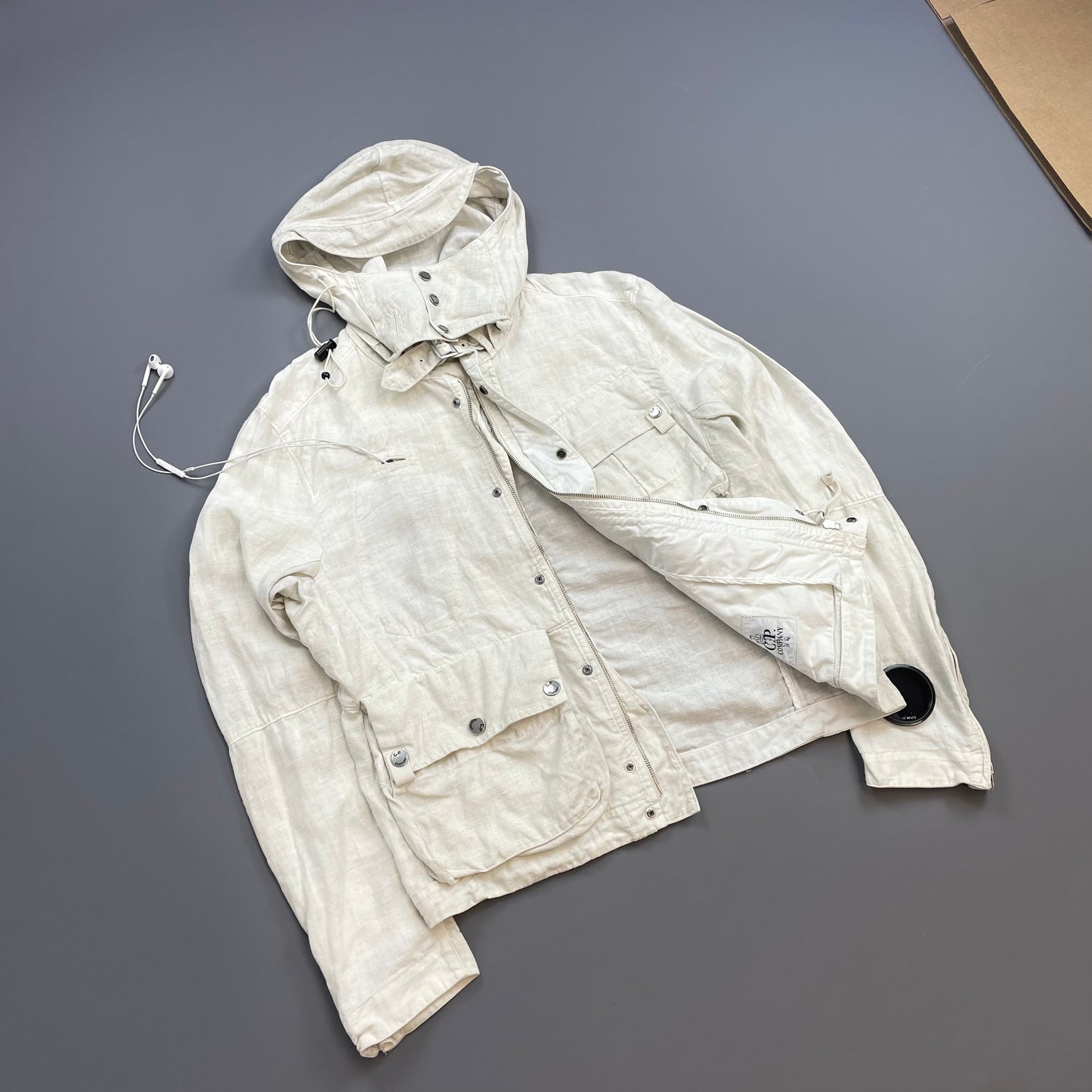 C.P. Company White SS08 Linen Lino Flax Multi-Pocket Detachable Hood Watchviewer Jacket