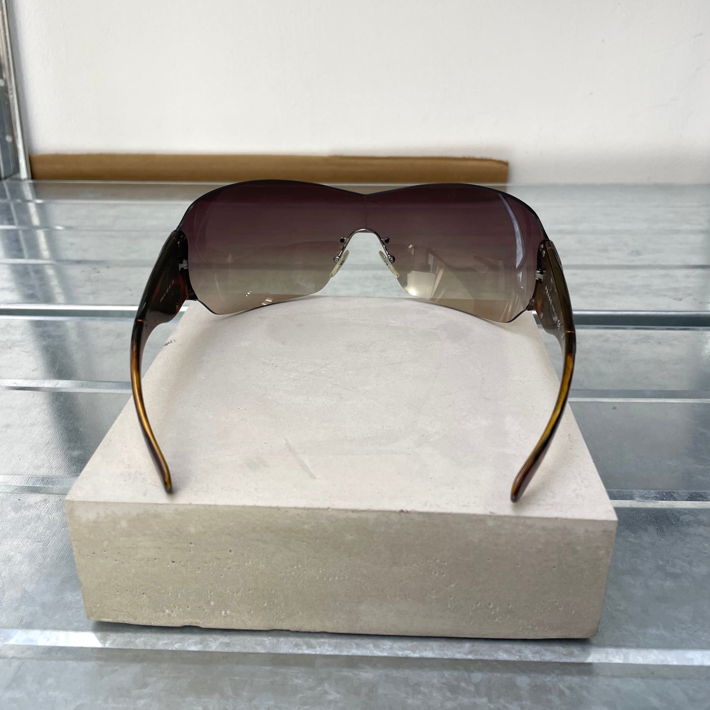 Prada Brown & Silver 00s Tortoise Shell Shield Sunglasses