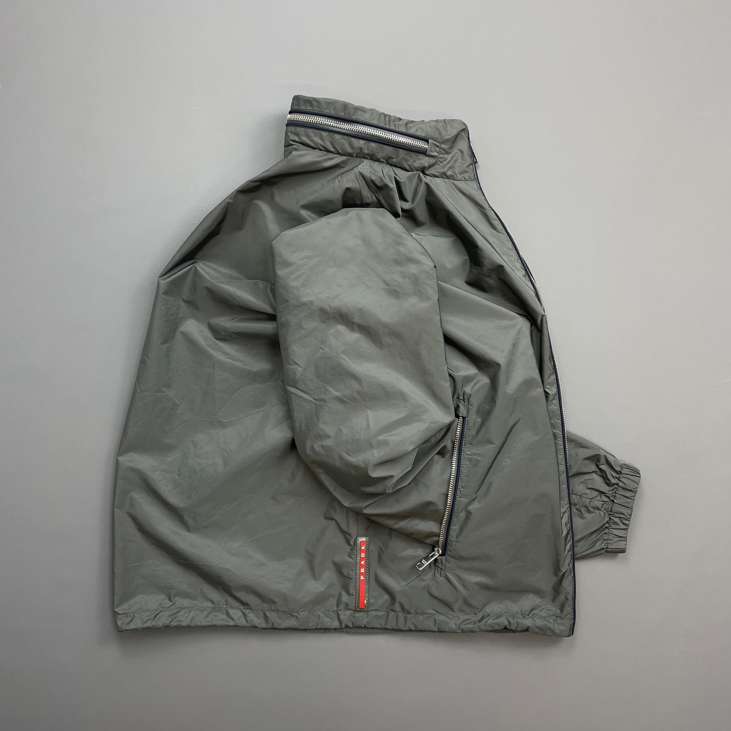 Prada Grey 2015 Contrast Stripe Zip Concealed Hood Nylon Windbreaker Jacket
