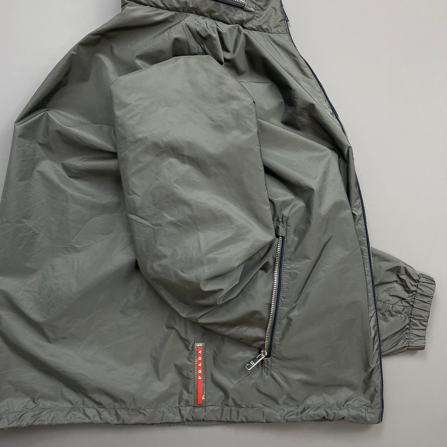 Prada Grey 2015 Contrast Stripe Zip Concealed Hood Nylon Windbreaker Jacket