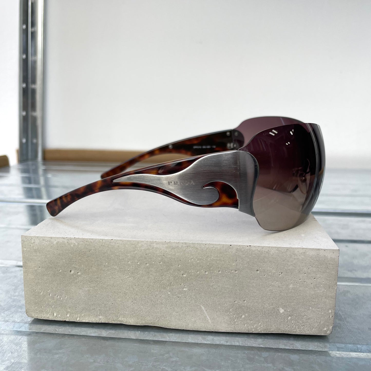 Prada Brown & Silver 00s Tortoise Shell Shield Sunglasses