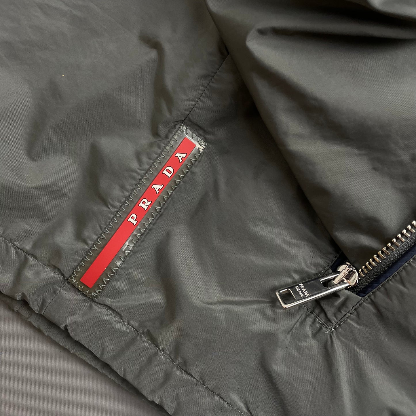 Prada Grey 2015 Contrast Stripe Zip Concealed Hood Nylon Windbreaker Jacket