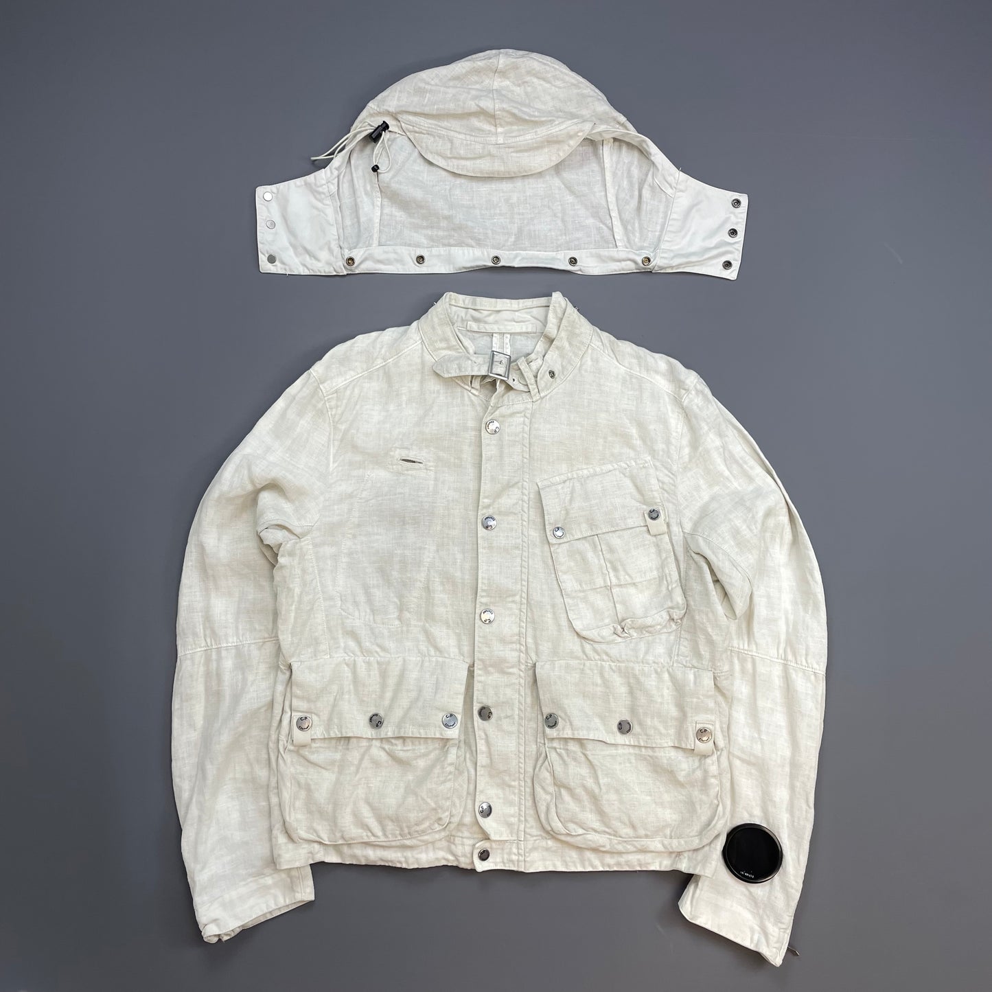 C.P. Company White SS08 Linen Lino Flax Multi-Pocket Detachable Hood Watchviewer Jacket