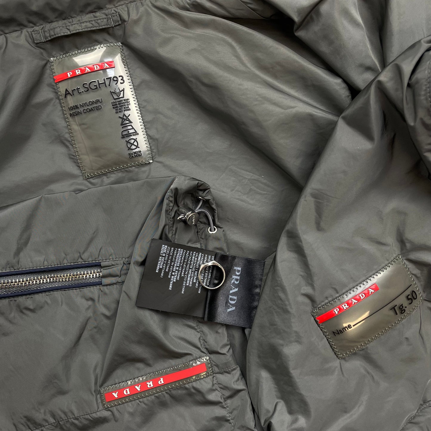 Prada Grey 2015 Contrast Stripe Zip Concealed Hood Nylon Windbreaker Jacket