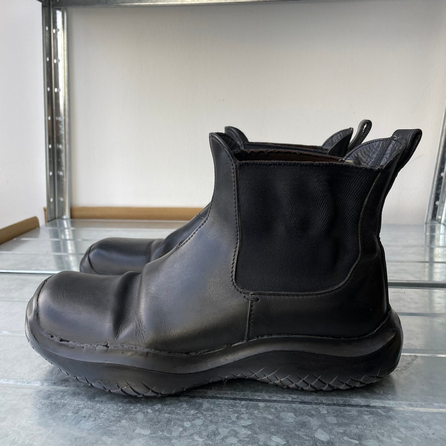 Prada Sport Black FW99 Runway Leather Square Toe Vibram Chelsea Boots
