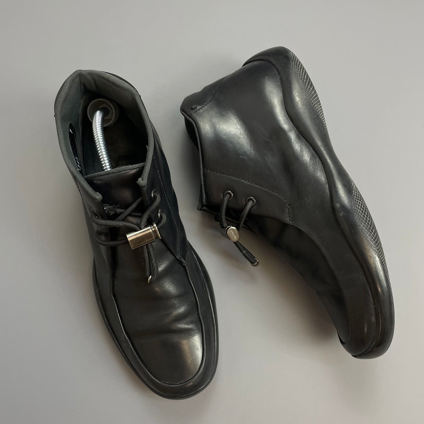 Prada Sport Black FW99 Leather Slip On Vibram Sole Toggle Boots