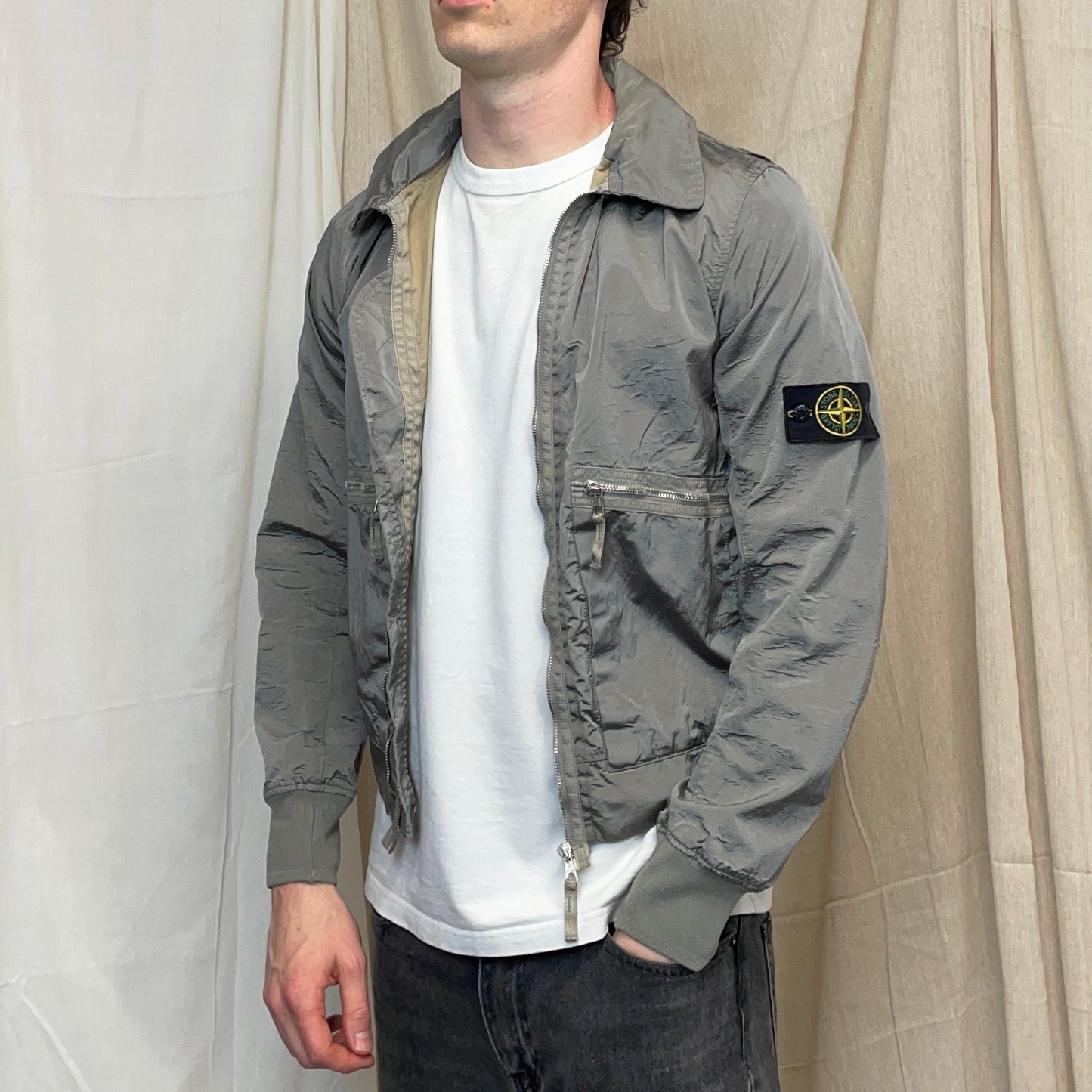 Stone Island Silver Grey SS08 Nylon Metal Archivio Concealed Hood Lightweight Bomber Jacket