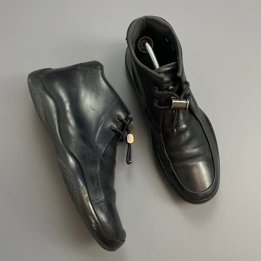 Prada Sport Black FW99 Leather Slip On Vibram Sole Toggle Boots