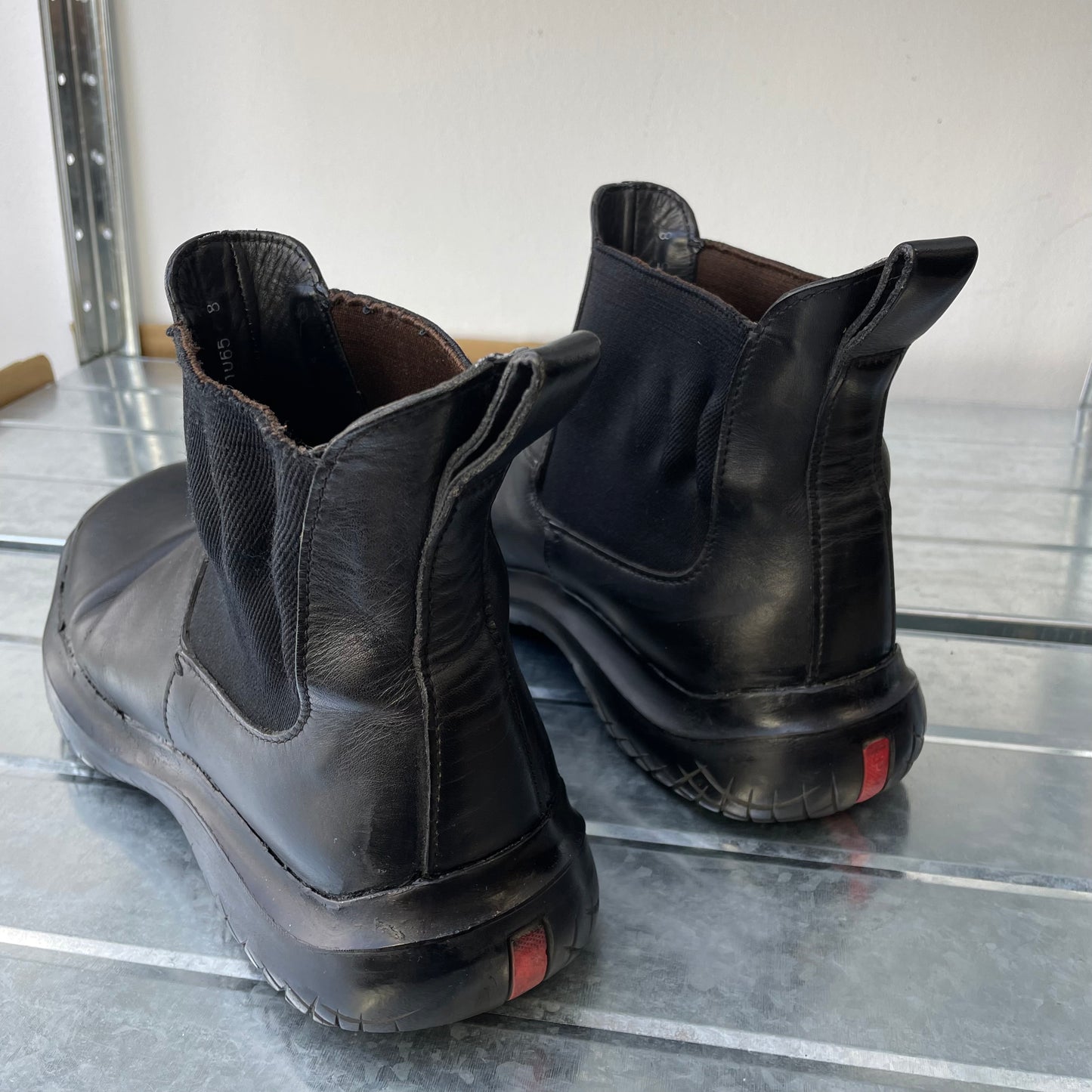 Prada Sport Black FW99 Runway Leather Square Toe Vibram Chelsea Boots