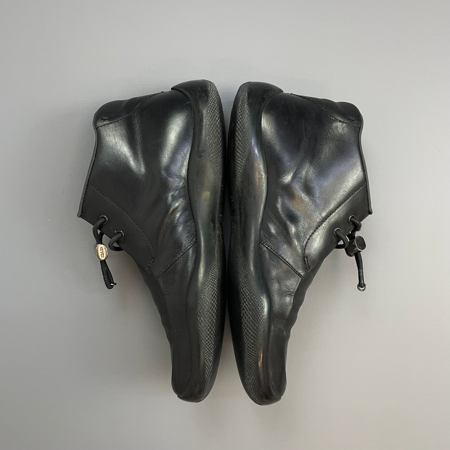 Prada Sport Black FW99 Leather Slip On Vibram Sole Toggle Boots