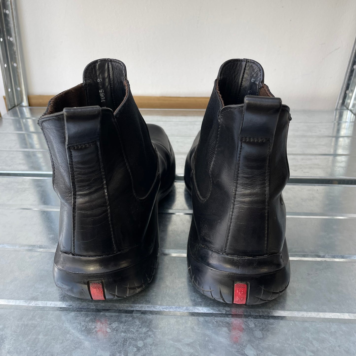 Prada Sport Black FW99 Runway Leather Square Toe Vibram Chelsea Boots